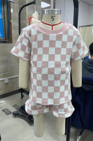 Tenue d'été 2 pièces pour bébé fille, hauts gaufrés à manches courtes imprimé damier, short à taille élastique