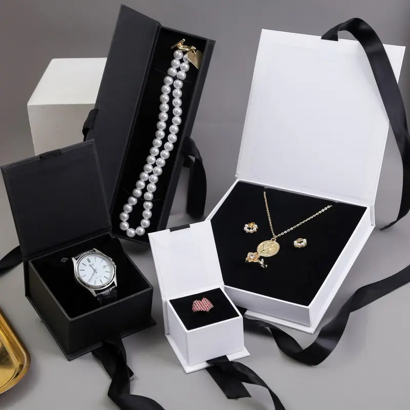 Kotak perhiasan grosir kemasan kotak hadiah perhiasan Joyas Joyeria mewah dengan kotak kertas penyimpanan kaku Logo kustom