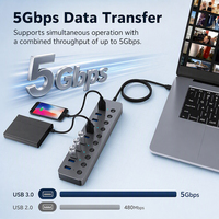 Hub de Datos USB 3.0 de 7/10 Puertos con Luces LED, Interruptor de Encendido/Apagado, Fuente de Alimentación, Super Velocidad 5Gbps, Divisor USB para Computadoras, en Stock