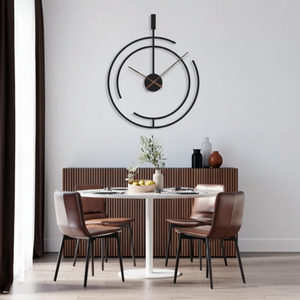Quartz silencieux de conception abstraite de double anneau creux noir minimaliste, disponible aux prix de gros horloge murale en métal. - Product Image 1