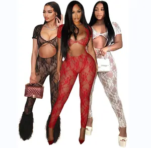 2024 Sexy Women's Lace Sleeves Open Navel jumpsuit pants