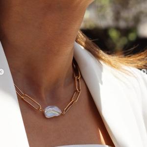 Mulheres Bijoux Femme Jóias 18K Banhado A Ouro Irregular Barroco Água Doce Pérola Papel Pin Aço Inoxidável Colar Paperclip Cadeia - Product Image 4