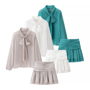 Pb & Za Set Phụ Nữ 2 Mảnh 2024 Thời Trang Bow Áo Giảm Béo Váy Hai Mảnh Thiết Lập Cổ Điển Áo <span class=keywords><strong>Mini</strong></span> Váy Phụ Nữ Phù Hợp Với - Product Image 1