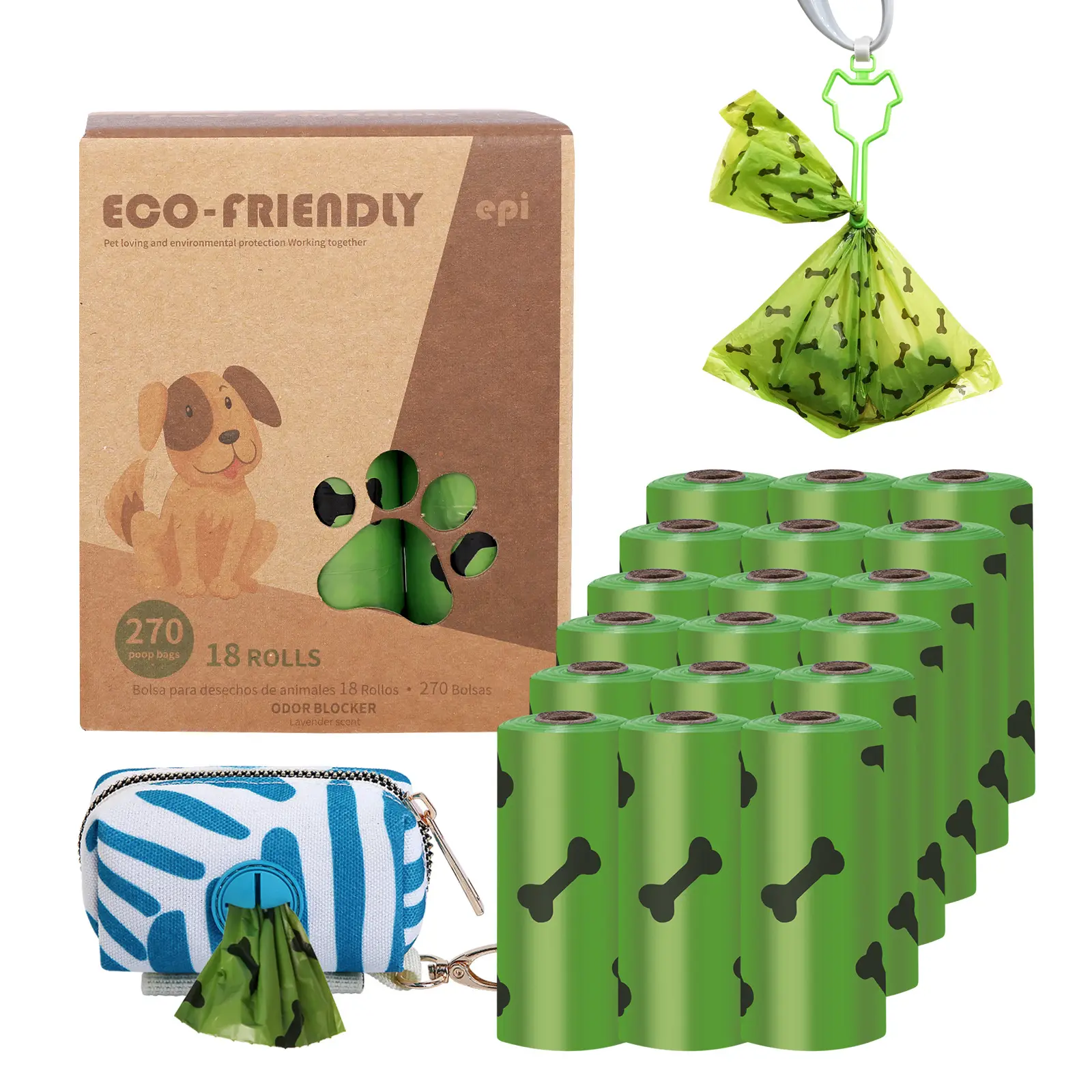 Benutzer definierte niedrige Verkaufs preise Umwelt freundliche biologisch abbaubare Hundekot-Tasche 18 Rollen von der Box mit Spender und Clip Dog Poop Bag