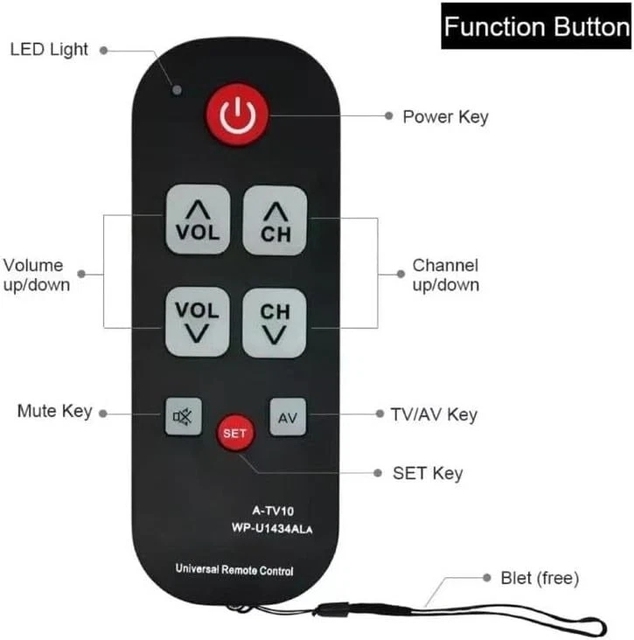 A-TV10 TV Remote for Seniors Universal Controller Simple Waterproof Remote Control with LED Light for All TV Models
