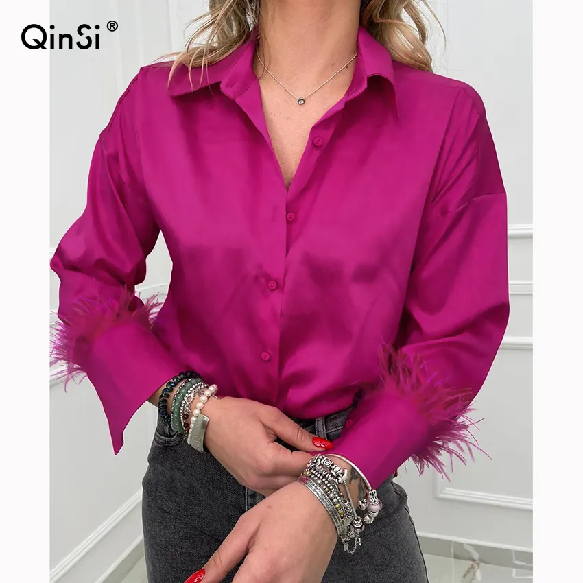 Bclout/QINSI Splicing Spring Satin Office Ladies Rose Pink Oversized Blouses And Tops Feather Cuffs Elegant Women Feather Shirts