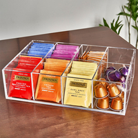 Boîte de rangement pour sachets de thé et feuilles de thé en acrylique carrée polie classique, présentoir de comptoir pour station à thé - Léger et facile à nettoyer
