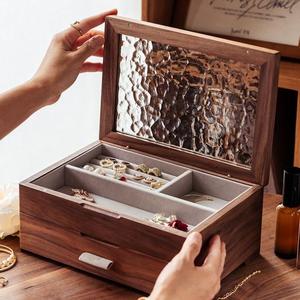 Boîte à bijoux en bois massif avec couvercle en verre, grande capacité, tiroir double couche, boîte à bijoux exquise haut de gamme - Product Image 4