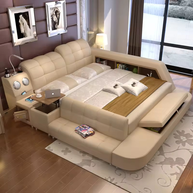 Multifunctional Adjustable Leather Massage Double Bed with Projector & Air Purifier Smart Bed for Bedroom Furniture