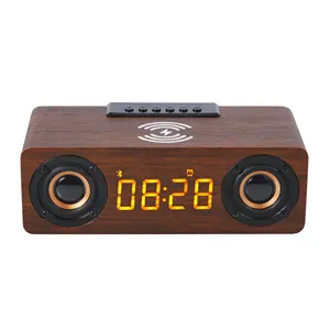 나무 디지털 알람 시계 스피커 FM 라디오 10W 빠른 무선 충전기 역 전화 LED 시계 침대 옆