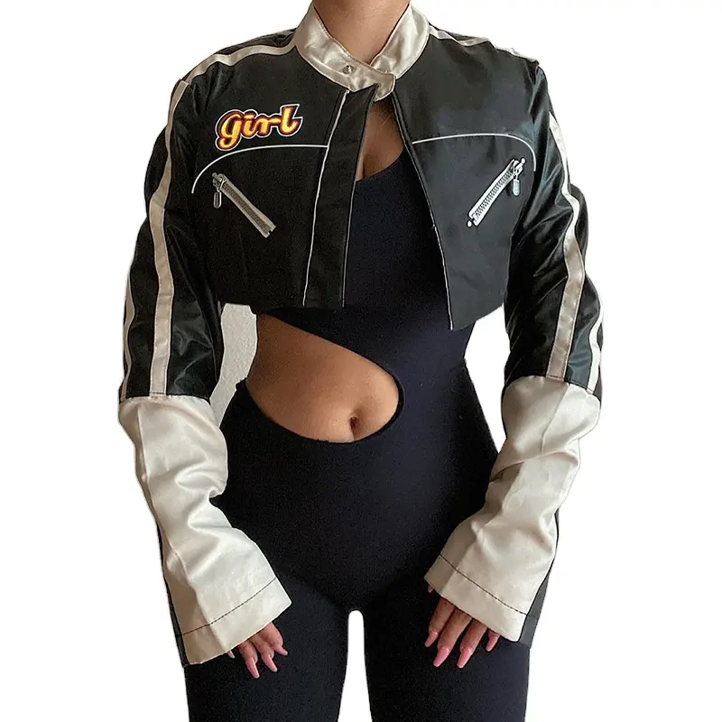 2023新しい刺EmbroideryロゴブラックボンバーレーシングジャケットクロップドジッパーPuレザーオートバイジャケット女性用
