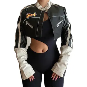 2023 New Embroidery Logo Black Bomber Racing Jackets Cropped Zipper Pu Leather Motorcycle Jacket For Women