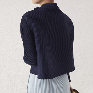 Miyake holgada-Blusa de manga larga con cuello alto para verano, camisa plisada con cuello alto para mujer, envío rápido - Product Image 5
