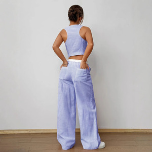 Ensemble deux pièces décontracté pour femme : Gilet rayé sans manches à col en V et pantalon large – Tailles S, M, L, XL, XXL – Bleu – Style Europe et Amérique - Product Image 4