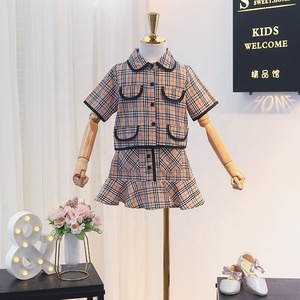 hermoso nuevo diseño niños <span class=keywords><strong>chica</strong></span> Retro cuadros de manga corta Camisa de traje de falda Crop Top y falda conjunto - Product Image 1