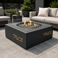 Table de foyer au gaz en acier au carbone sur mesure avec réservoir de propane dissimulé et pare-vent en verre, chauffage de terrasse