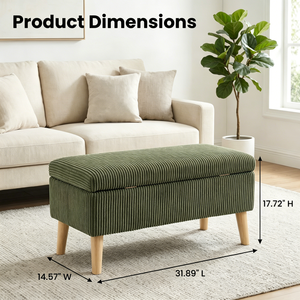 Panca contenitore in velluto a coste verde oliva, larga 32 pollici, con gambe in legno, coperchio ribaltabile e imbottitura morbida, per fondo letto - Product Image 6