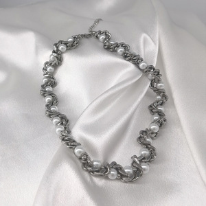 สร้อยคอโซ่คิวบาประดับมุกเทียมและลูกปัดอาเกตสแตนเลสสำหรับผู้ชาย เครื่องประดับระดับไฮเอนด์ - Product Image 4