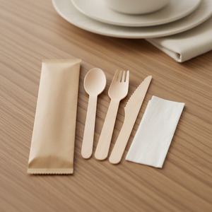 Juego de Cubiertos Chinos Biodegradables y Ecológicos con Servilleta y Cuchara de Madera con Logotipo Personalizado para Fiestas y Restaurantes, Marca Go Green, Venta al Por Mayor - Product Image 1