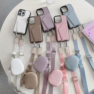 Étui de téléphone <span class=keywords><strong>en</strong></span> cuir de litchi avancé pour Apple 16 Pro Iphone15 <span class=keywords><strong>Samsung</strong></span> S24 Porte-cartes Miroir de maquillage Rangement Porte-monnaie Lanière bandoulière - Product Image 3