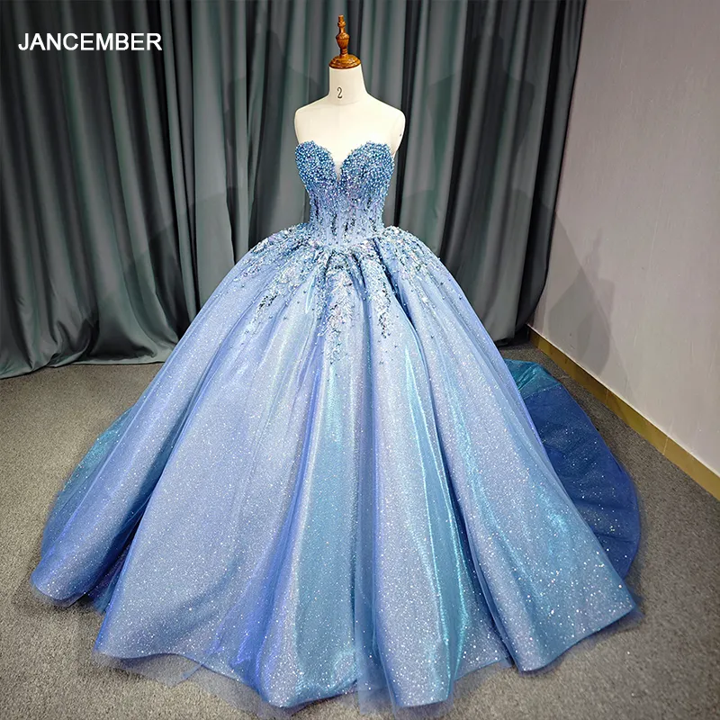 Jancember DY6750 bleu chérie cou perle paillettes Quinceanera grande taille mode élégante robe de soirée