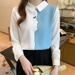 2023 Vrouwen Lente Herfst Vintage Stiksel Print Blouses Koreaanse Elegant Kantoor Shirt Lange Mouw Shirt Dames Chiffon Blouse Top