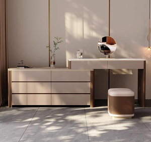 Bàn đá hàng đầu bàn trang điểm + Phân + gương trang điểm Vanity Bộ khung gỗ rắn và yên da kết thúc thực tế dresser Set - Product Image 1