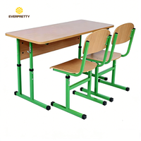 Muebles Escolares, Banco Doble de Madera para Aula con Estructura Metálica, Mesa y Silla Ajustables, Duraderas y Ecológicas para Estudiantes