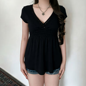 Camiseta de manga corta con cuello en V y encaje para mujer, corte en A, ajustada, informal, a la moda, para verano - Product Image 6