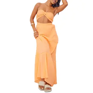 OEM Custom Bandeau ärmelloses lässiges Strand kleid Sommer Frauen vorne geknotet aus geschnitten strukturiertes Maxi kleid