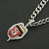 Collier chaîne cubaine créatif plaqué or, avec pendentif en forme de langue, de lèvre et de signe dollar, orné de strass, style Hip Hop, pour femme, idéal pour fêtes et mariages