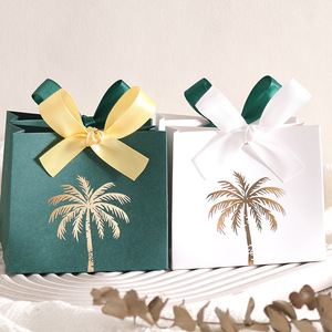 Wholesale Gold Coconut Tree <strong>Pattern</strong> <strong>Paper</strong> Disposable Rigid Candy Box with Ribbon Custom Logo Party Favor Gift Package - Product Image 1