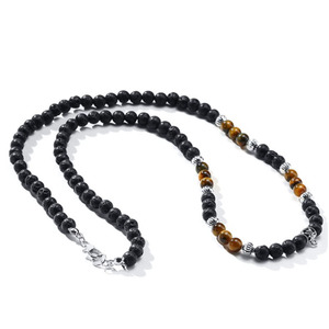 Collier pour homme Surfer Men <span class=keywords><strong>Tribe</strong></span>, perles en pierre naturelle de lave volcanique noire mate de 6 mm, œil de tigre - Product Image 1