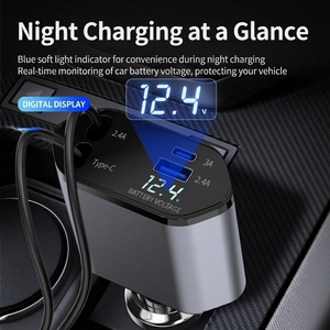 <span class=keywords><strong>Chargeur</strong></span> <span class=keywords><strong>de</strong></span> <span class=keywords><strong>voiture</strong></span> rétractable 4-en-1 120W, adaptateur <span class=keywords><strong>de</strong></span> charge rapide avec deux câbles rétractables et moniteur <span class=keywords><strong>de</strong></span> tension à affichage LED - Product Image 4