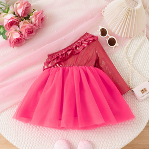 Baby Girl's Rose <b>Red</b> <b>Sequined</b> Dress Off-Shoulder Ruffled Mesh Skirt Sweet Princess Style Party Dress 0-4Y - Product Image 3