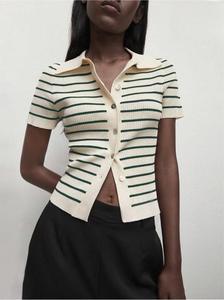 Cárdigan de punto elegante de manga corta a <span class=keywords><strong>rayas</strong></span> francesas para <span class=keywords><strong>mujer</strong></span>, camiseta informal transpirable con cuello de <span class=keywords><strong>Polo</strong></span> - Product Image 2