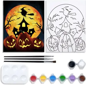 Kit Lukisan Kanvas Pra Digambar Kanvas untuk Lukisan untuk Dewasa Halloween Labu Penyihir Lukisan Pesta Kit Cat dan Pesta Sip