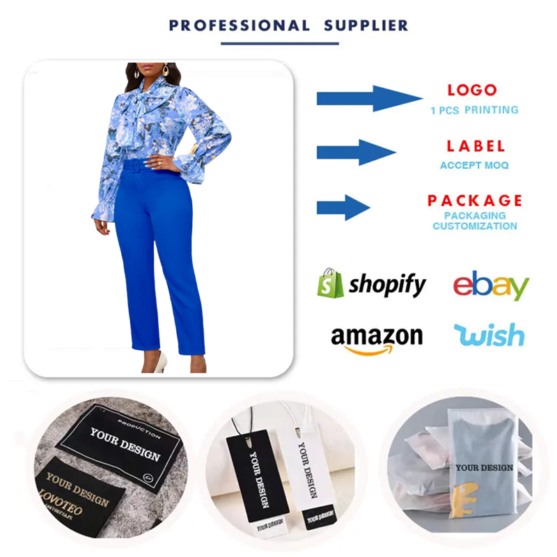 Elegant Print Strap Long Sleeve Shirt Office Blouse Set