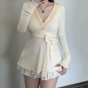 Blusa con Cuello en V y Estampado de Lunares, Top con Cordones y Manga Larga, Estilo Coqueta, Prenda para Combinar en Primavera y Otoño - Product Image 6