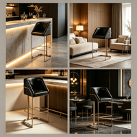 Chaise de bar moderne de luxe en métal doré, revêtement en cuir véritable à l'avant et en PU à l'arrière, hauteur de siège personnalisable, tabouret de bar pour bar, café, restaurant