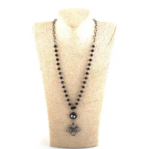 Fashion Jewelry Women Black Crystal Glass Rosary Chain Soldered Star Pendant Cross Necklace