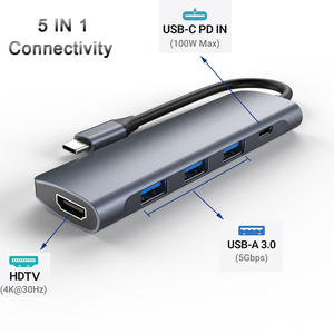 <span class=keywords><strong>USB</strong></span> C HUB 5 1 Multiport Adapter 4K30hz 100W Giao hàng điện 3 <span class=keywords><strong>USB</strong></span>-A cổng dữ liệu cho MacBook Pro/Air Ipad Pro iPhone 16 Pro cổ - Product Image 2
