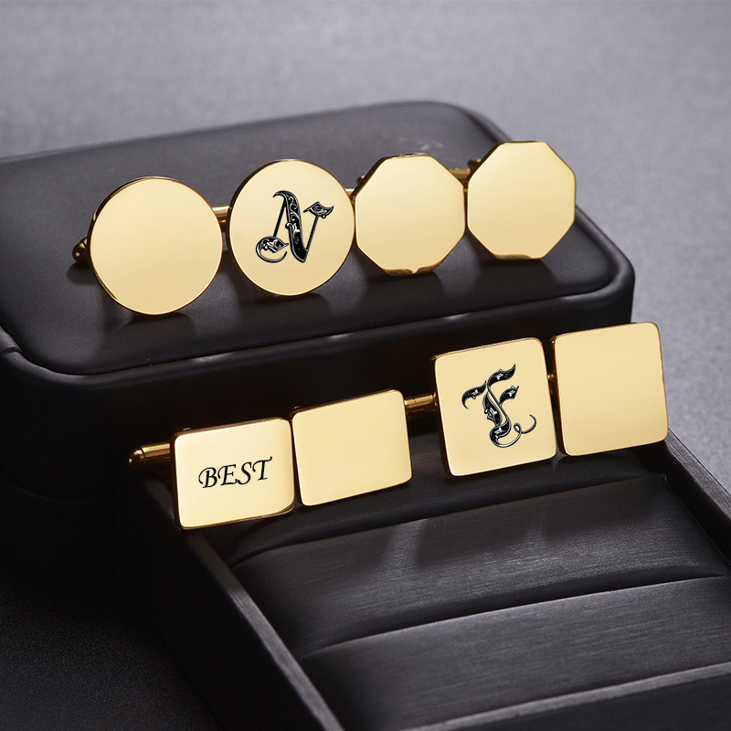 Dropshipping Custom Name Logo New Stainless Steel 18K Gold Plated Customize Blank Engraved Men's Shirt Cuff Links