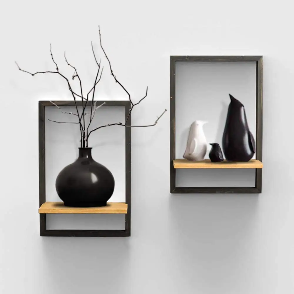 Wood Floating Hanging Shelves  Natural Wood Wall Mounted Display Shelf  Set of 2