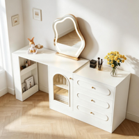 Coiffeuse nordique blanche en MDF avec miroir lumineux à intensité réglable, commode à trois tiroirs en forme de L pour chambre, appartement, hôtel, usage domestique