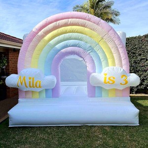 Château Gonflable Arc-en-ciel Nuages Blancs, Château Gonflable <span class=keywords><strong>Pastel</strong></span> Arc-en-ciel avec Nuages, Château Gonflable Rose pour Intérieur et Extérieur - Product Image 1