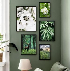 Green Forest Canvas Poster Wild Deer Waterfall Stream Flower Leaf Spring Bedroom Nature Landscape Picture Print Art Painting - Product Image 2