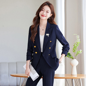 Women's Suit Set Solid Color Polyester Anti-Wrinkle Double Breasted Work Uniform Professional Attire For Office Wear - Product Image 1