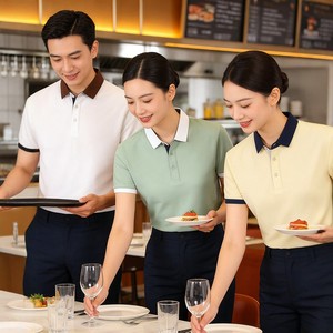 Restaurant Waiter Uniform Short Sleeve Polo Shirt Solid Color Polyester Poplin Work Clothes For Milk Tea Shop Summer Use - Product Image 4