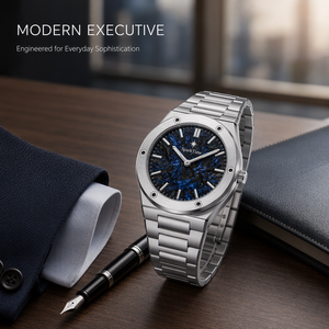 Montre analogique à quartz de luxe pour homme SparkTime, acier inoxydable, lunette octogonale, cadran en carbone forgé bleu - Product Image 5